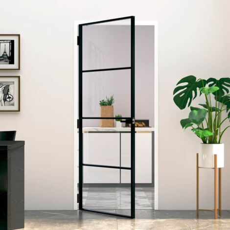 Porte d'intérieur-Portes d'entrée Noir 83x201,5 cm Trempé verre aluminium fin 793613 (1/5)