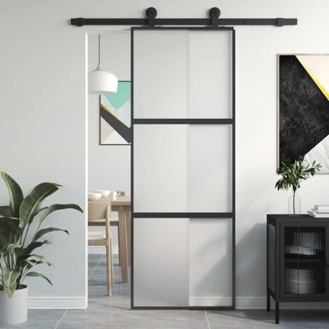 Porte Coulissante-Porte intérieure noir 76x205 cm verre trempé aluminium 717648