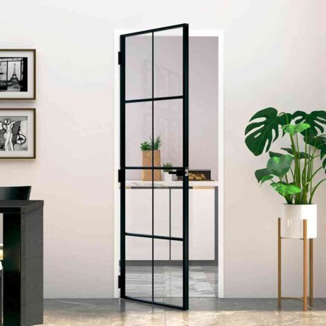 Porte d'intérieur-Portes d'entrée Noir 76x201,5 cm Trempé verre aluminium fin 733826