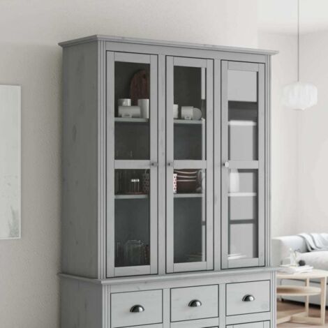 Armoire avec portes vitrées-Meuble de rangement vitré BODO gris bois de pin massif 261305
