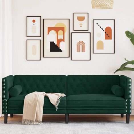 Canapé-Sofa Chesterfield avec traversins 3 places vert foncé velours (1/5)