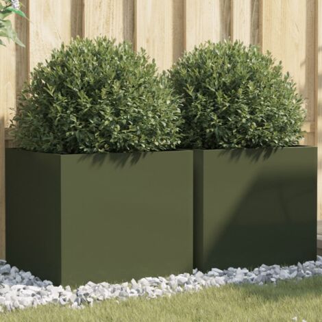 Jardinières 2 pcs-Lot de 2 Pot de fleur-Bac à fleurs vert olive 49x47x46 cm acier (1/5)