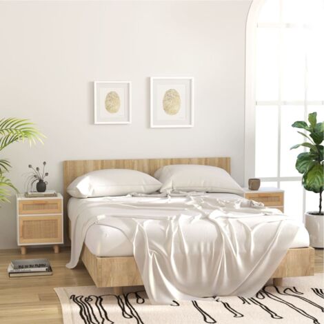 Lot de 2 Tables de chevet - Bout de Canapé Armoires De Rangement Blanc Bois de pin massif et rotin naturel BV898155 - BonneVie (1/5)