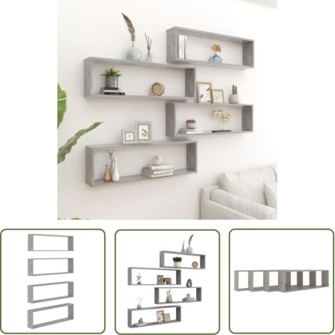 Lot de 4 Étagères cube murales Étagère de Rangement - Meuble de rangement Gris béton 100x15x30 cm Aggloméré BV924217 - BonneVie (1/5)