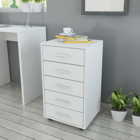 Bonnevie – Caisson de bureau à tiroir blanc – 5 tiroirs – Matériau aggloméré + FDM – Dimensions 33x38x63cm – 4 roulettes dont 2 avec freins - BV975032 (1/4)