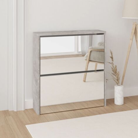 Meuble à Chaussures Étagère à Chaussures - et miroir 2 niveaux Gris béton 63x17x67 cm BV228780 - BonneVie (1/5)