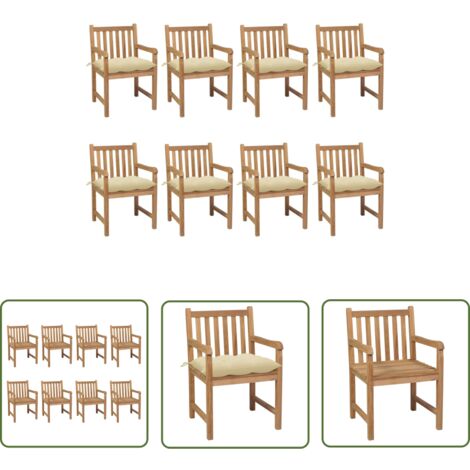 The Living Store Chaises de jardin lot de 8 et coussins blanc crème Teck solide - Chaise De Jardin - Mobilier De Jardin - Set De Chaises - Teck - Meubles De Jardin (1/5)
