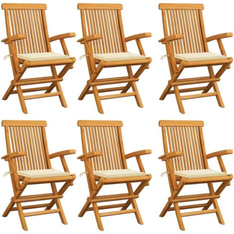 Lot de 6 Chaises de jardin et de camping avec coussins crème, Chaise de relaxation, Bois de teck massif OIB5544E (1/5)