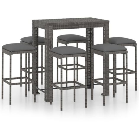 Set de 1 Table et 6 Tabourets de bar de jardin, Ensemble Table et Chaises et coussins Résine tressée Gris OIB2493E (1/5)