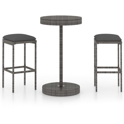 Set de 1 Table et 2 Tabourets de bar de jardin, Ensemble Table et Chaises et coussins Résine tressée Gris OIB1005E (1/5)