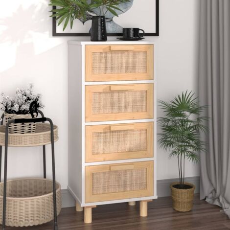 Buffet - Armoire de rangement Enfilade Blanc 40x30x90 cm Bois de pin massif et rotin naturel BV557255 - BonneVie (1/5)