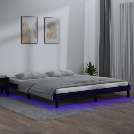Lit double pour adulte Cadre de lit - à LED Noir 140x190 cm Bois massif BV513934 - BonneVie (1/5)