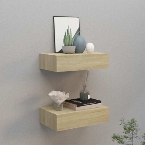 Lot de 2 Étagères à tiroirs murales Étagère de Rangement - Meuble de rangement Chêne 40x23,5x10 cm MDF BV816839 - BonneVie (1/5)
