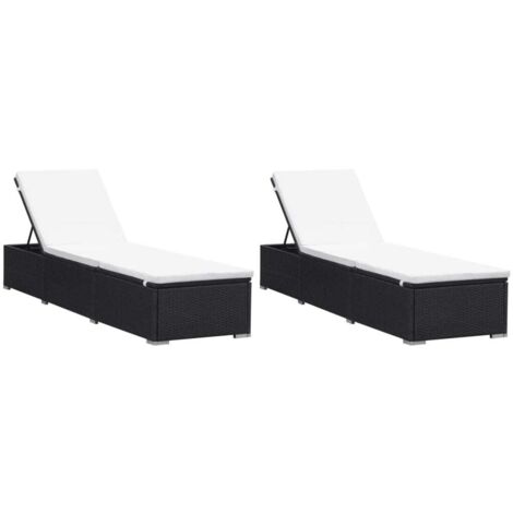 Lot de 2 transats chaise longue bain de soleil lit de jardin terrasse meuble d'extérieur avec coussins résine tressée noir (1/5)