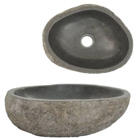 Bonnevie – Lavabo vasque à poser ovale en pierre de rivière 29-38 cm – Bac à laver poli – Trou de drainage 4,5 cm – Pour salle de bains - OIB6852E
