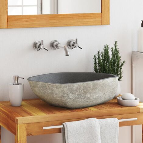 Vasque à poser Lavabo à poser pour salle de bain - en pierre de rivière Ovale 46-52 cm BV756542 - BonneVie
