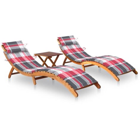 Lot de 2 transats chaise longue bain de soleil lit de jardin terrasse meuble d'extérieur avec table et coussins acacia solide (1/5)
