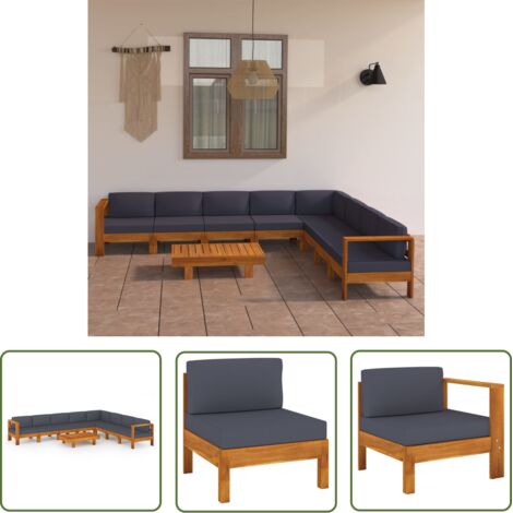 The Living Store Salon de jardin 9 pcs avec coussins gris foncé Bois d'acacia - Salon De Jardin - Mobilier De Jardin - Ensemble De Meubles De Jardin - Meubles D'extérieur - Acacia Massif (1/5)