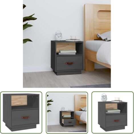 The Living Store Table de chevet Gris 40x34x45 cm Bois de pin massif - Table De Chevet - Meuble De Chambre - Table Nuit - Bois Massif - Pin (1/5)