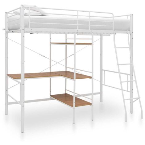 Lit simple pour adulte Cadre de lit - Lit superposé avec cadre de table Blanc Métal 90x200 cm BV384694 - BonneVie (1/5)