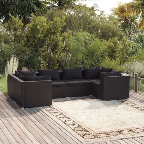 Salon de jardin 6 pcs Ensemble Table et Chaise de Jardin - avec coussins Résine tressée Noir BV512643 - BonneVie (1/5)