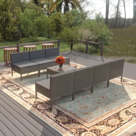 Salon de jardin 8 pcs Ensemble Table et Chaise de Jardin - avec coussins Résine tressée Gris BV478019 - BonneVie (1/5)