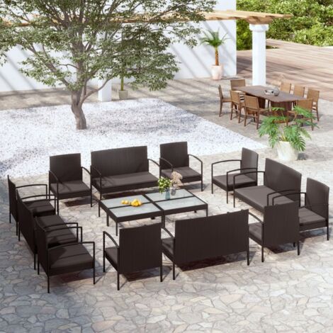 Salon de jardin 16 pcs Ensemble Table et Chaise de Jardin - avec coussins Résine tressée Noir BV287119 - BonneVie (1/5)