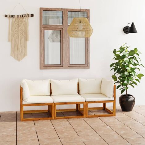 Canapé fixe 3 places de jardin Canapé relax - Banc de jardin avec coussin Crème Bois d'acacia BV734275 - BonneVie (1/5)