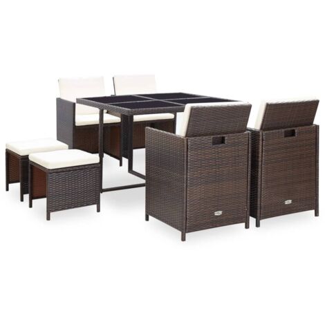 Salon de jardin encastrable et coussins 9 pcs Ensemble Table et Chaise de Jardin - Rotin Marron BV142566 - BonneVie (1/5)