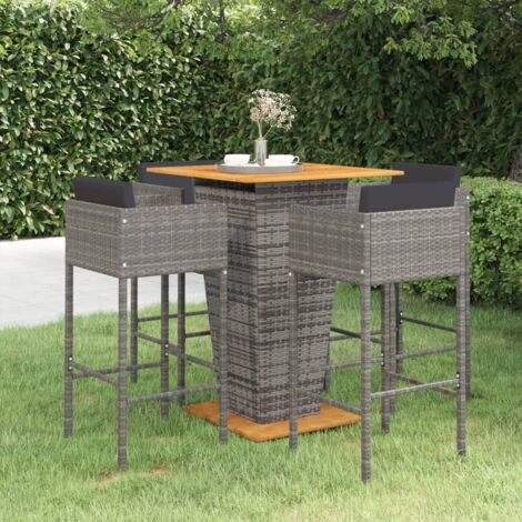 Ensemble Table de bar + 4 Chaises de bar de jardin - Table Haute avec 4 Tabourets et coussins Résine tressée Gris BV806916 - BonneVie (1/5)