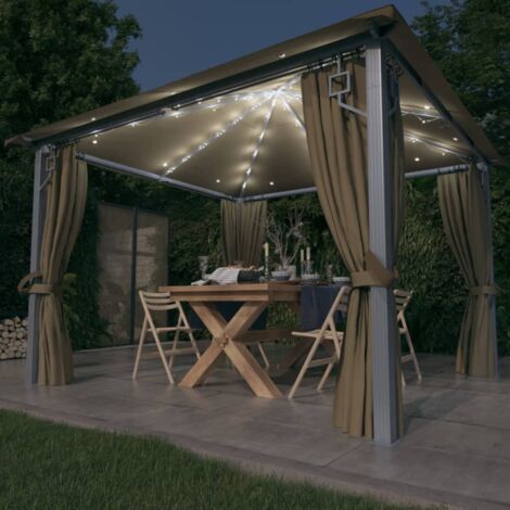 Tonnelle de Jardin Tente de réception - Rapide à Installer avec rideau et lumières LED 3x3 m Taupe Aluminium BV910286 - BonneVie (1/5)