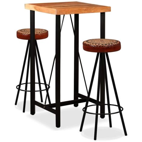 Ensemble Table de bar + 2 Chaises de bar - Table Haute avec 2 Tabourets Bois d'acacia Cuir véritable et toile BV271763 - BonneVie
