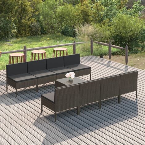 Salon de jardin 9 pcs Ensemble Table et Chaise de Jardin - avec coussins Résine tressée Gris BV488896 - BonneVie (1/5)