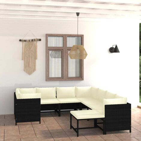 Salon de jardin 9 pcs Ensemble Table et Chaise de Jardin - avec coussins Résine tressée Noir BV328603 - BonneVie (1/5)
