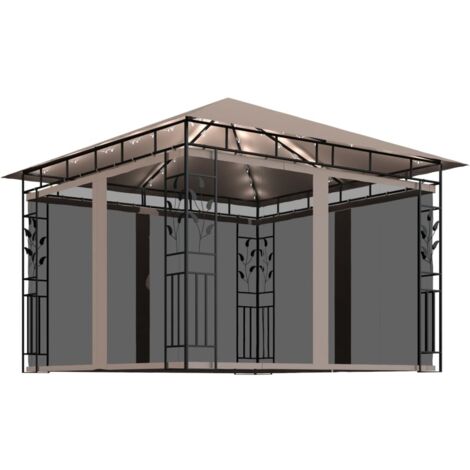 Tonnelle de Jardin Tente de réception - Rapide à Installer avec moustiquaire et lumières Led 3x3x2,73 m Taupe BV967963 - BonneVie (1/5)