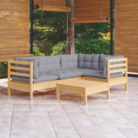 Salon de jardin 5 pcs Ensemble Table et Chaise de Jardin - avec coussins gris Bois de pin BV103249 - BonneVie (1/5)