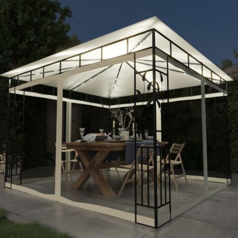 Tonnelle de Jardin Tente de réception - Rapide à Installer avec moustiquaire et lumières LED 3x3x2,73 m Crème BV909845 - BonneVie (1/5)