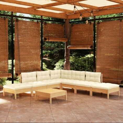 Salon de jardin 8 pcs Ensemble Table et Chaise de Jardin - avec coussins crème Bois de pin BV535859 - BonneVie (1/5)