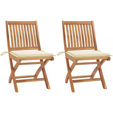Lot de 2 Chaises de jardin - Chaises d'extérieur pour terrasse/jardin avec coussins crème Bois de teck massif BV904070 - BonneVie (1/5)