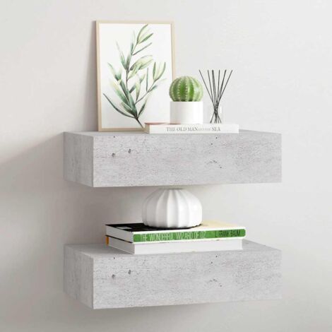 Lot de 2 Étagères à tiroir murales Étagère de Rangement - Meuble de rangement Gris béton 40x23,5x10 cm MDF BV983292 - BonneVie (1/5)