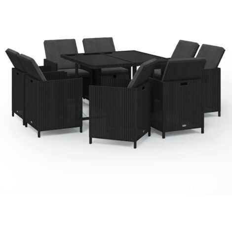 Ensemble Table et Chaise de Jardin - Mobilier à dîner de jardin et coussins 9pcs Résine tressée Noir BV643566 - BonneVie (1/5)