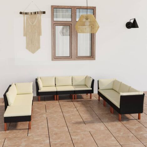 Salon de jardin 9 pcs Ensemble Table et Chaise de Jardin - avec coussins Résine tressée Noir BV983686 - BonneVie (1/5)