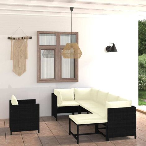 Salon de jardin 7 pcs Ensemble Table et Chaise de Jardin - avec coussins Résine tressée Noir BV296015 - BonneVie (1/5)