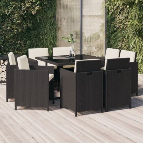 Ensemble Table et Chaise de Jardin - Mobilier à dîner de jardin et coussins 9pcs Résine tressée Noir BV840235 - BonneVie (1/5)