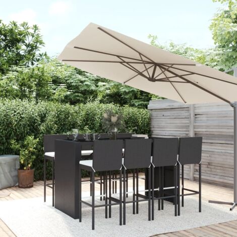 Ensemble Table de bar + 8 Chaises de bar de jardin - Table Haute avec 8 Tabourets avec coussins noir poly rotin BV634377 - BonneVie (1/5)