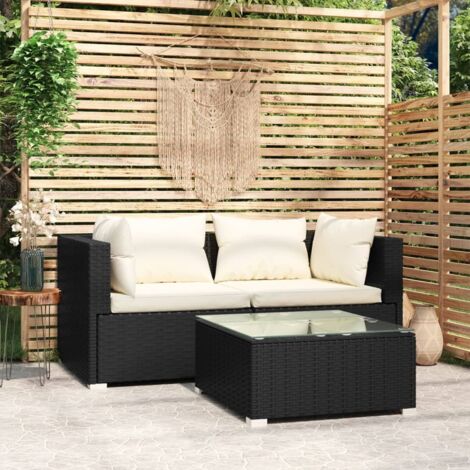 Salon de jardin 3 pcs Ensemble Table et Chaise de Jardin - avec coussins Noir Résine tressée BV189294 - BonneVie (1/5)