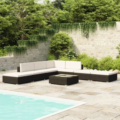Salon de jardin 8 pcs Ensemble Table et Chaise de Jardin - avec coussins Résine tressée Noir BV203627 - BonneVie (1/5)