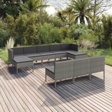 Salon de jardin 10 pcs Ensemble Table et Chaise de Jardin - avec coussins Résine tressée Gris BV611244 - BonneVie (1/5)