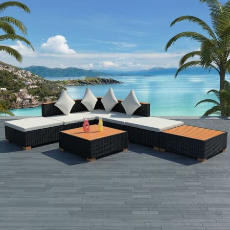 Salon de jardin 7 pcs Ensemble Table et Chaise de Jardin - avec coussins Résine tressée Noir BV768719 - BonneVie (1/5)
