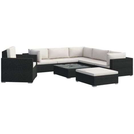 Salon de jardin 8 pcs Ensemble Table et Chaise de Jardin - avec coussins Résine tressée Noir BV568943 - BonneVie (1/5)